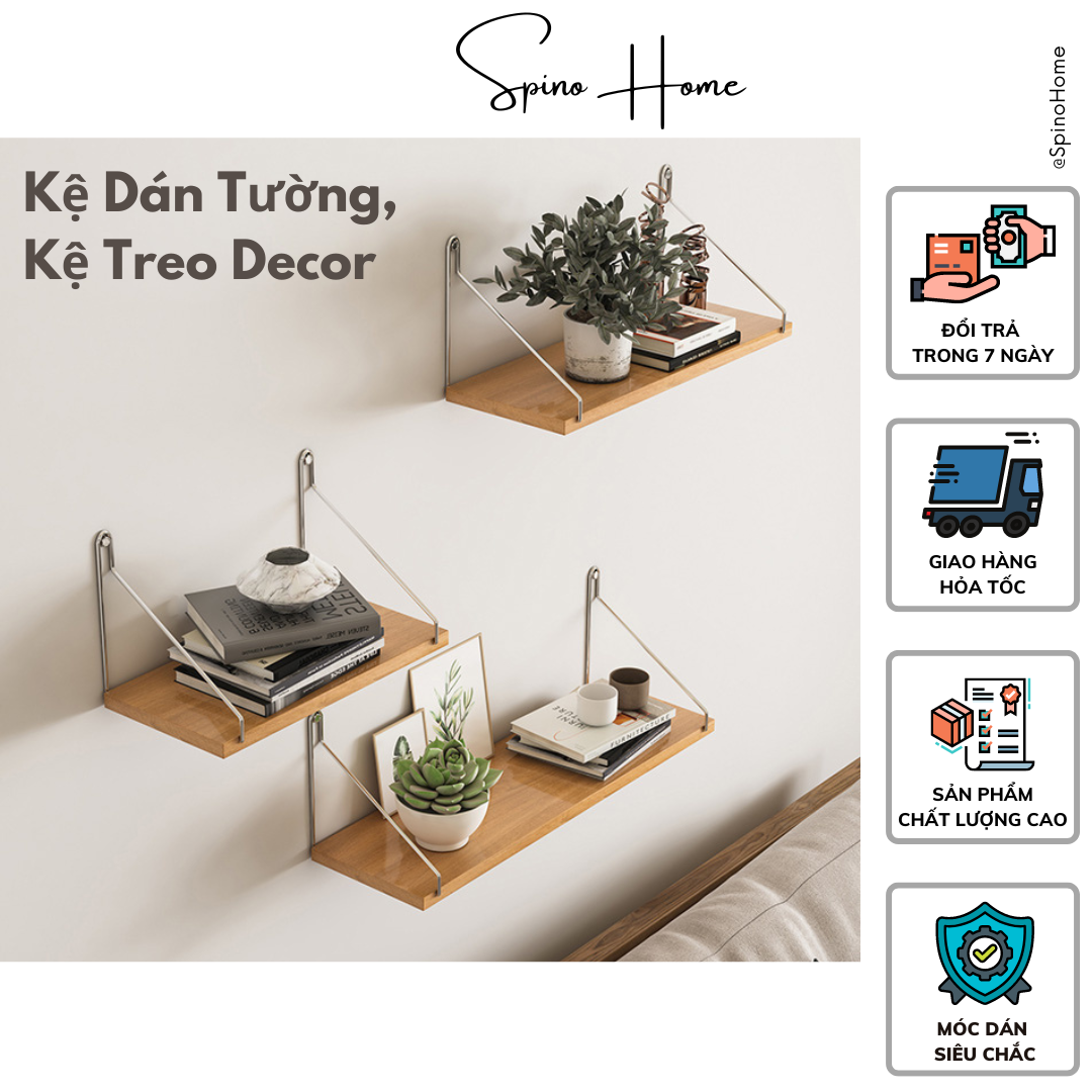 Kệ gỗ treo tường móc dán không cần khoan khung inox chắc chắn, tặng kèm bộ phụ kiện móc dán, đinh đóng, vít nở