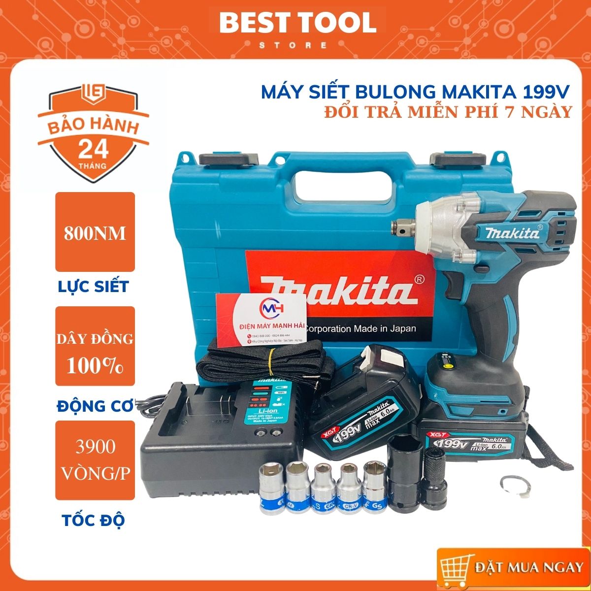 Máy Vặn ốc Makita 199V không chổi than - 2 Pin khủng 10 cell - Máy siết bulong makita tặng kèm đầu chuyển vít và 6 khẩu cao cấp