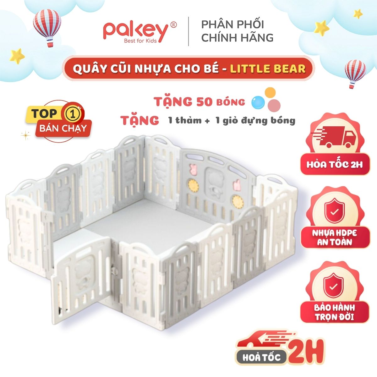 Quây cũi nhựa pakey little bear tặng 50 bóng + thảm+giỏ, quây nhựa cho bé dày dặn, nhiều kích thước