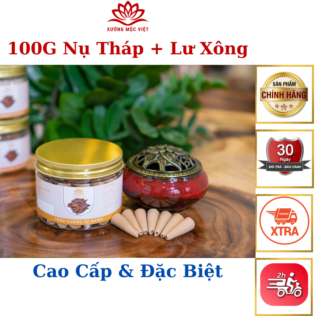 Combo Nhang Nụ Trầm Hương + Lư Xông Trầm - Trầm Hương Nụ Tháp Hộp 100G Xưởng Mộc Việt - Nụ Trầm Hương Khói Ngược