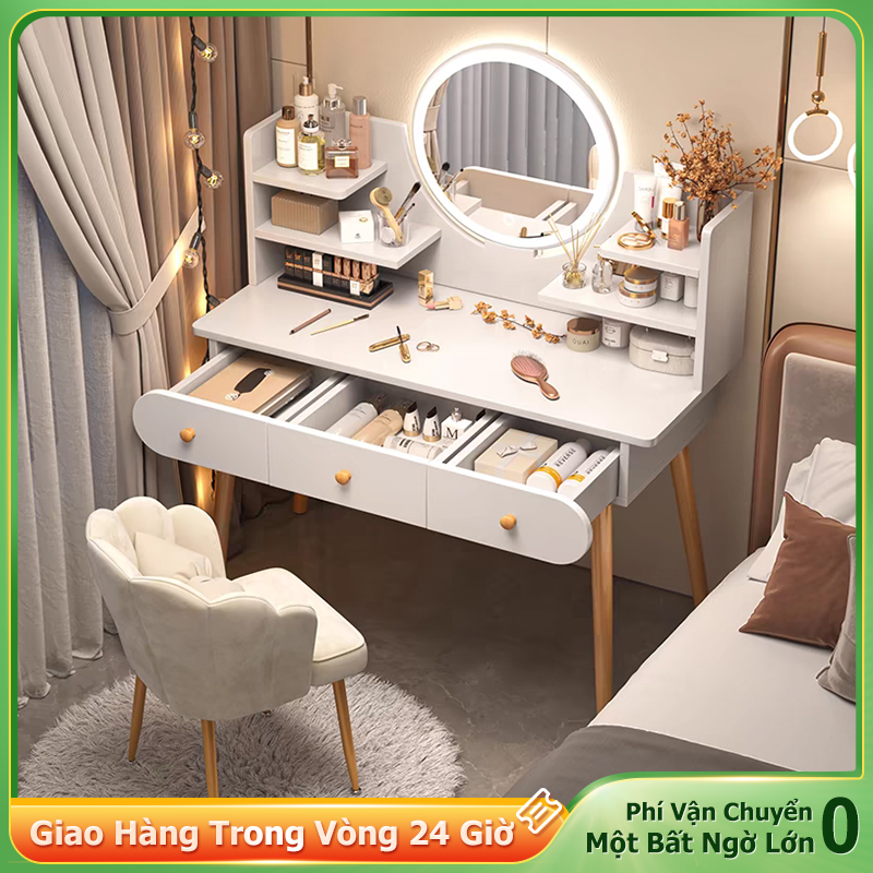 NE Bàn Trang Điểm Kèm Gương Led Kèm Kệ Để Đồ Chân Gỗ Tiện Có Gương Led Nhiều Mẫu Lựa Chọn Phong Cách Cực Nordic