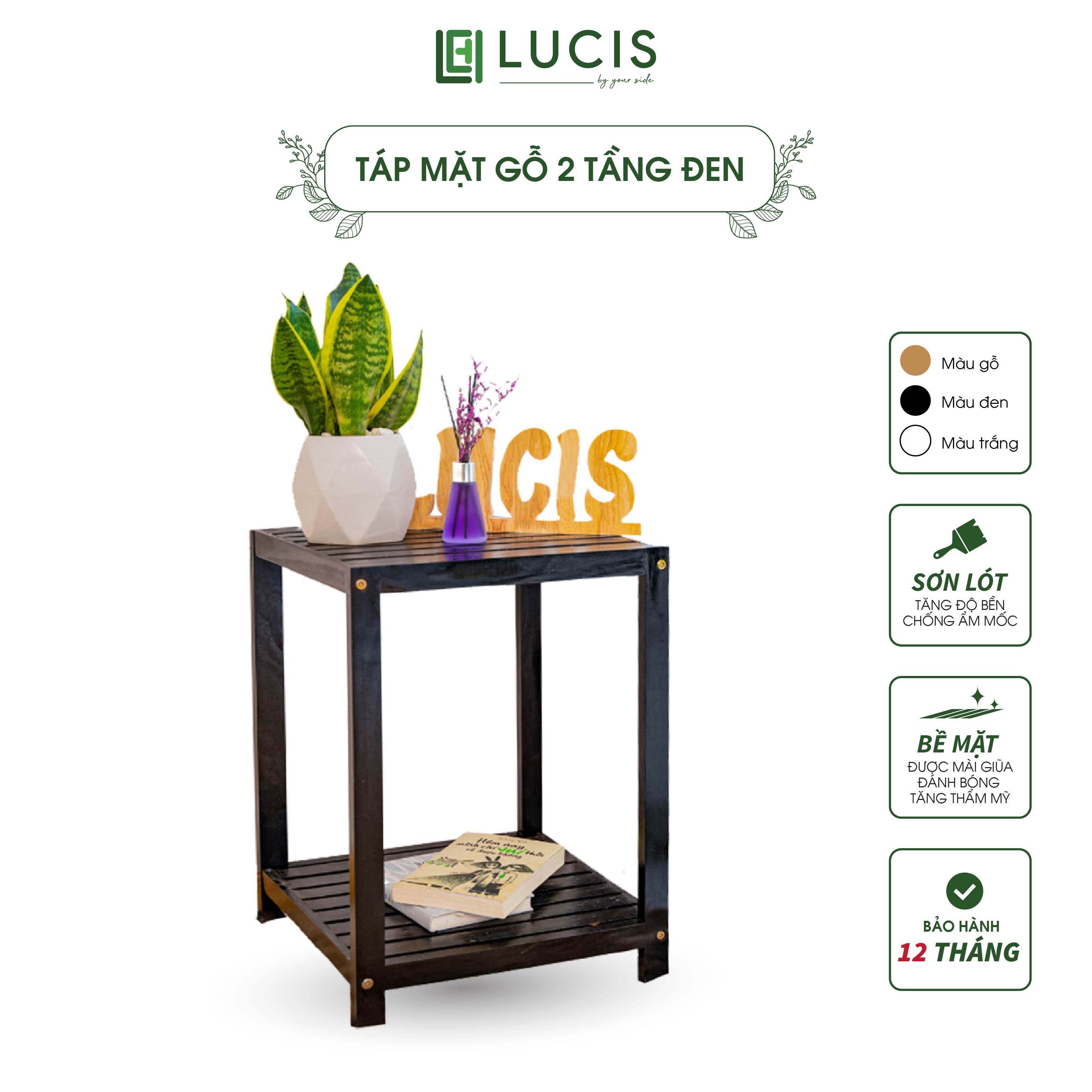Táp đầu giường 2 tầng gỗ thông tự nhiên LUCIS màu đen - Kệ đầu giường nội thất phòng ngủ vuông
