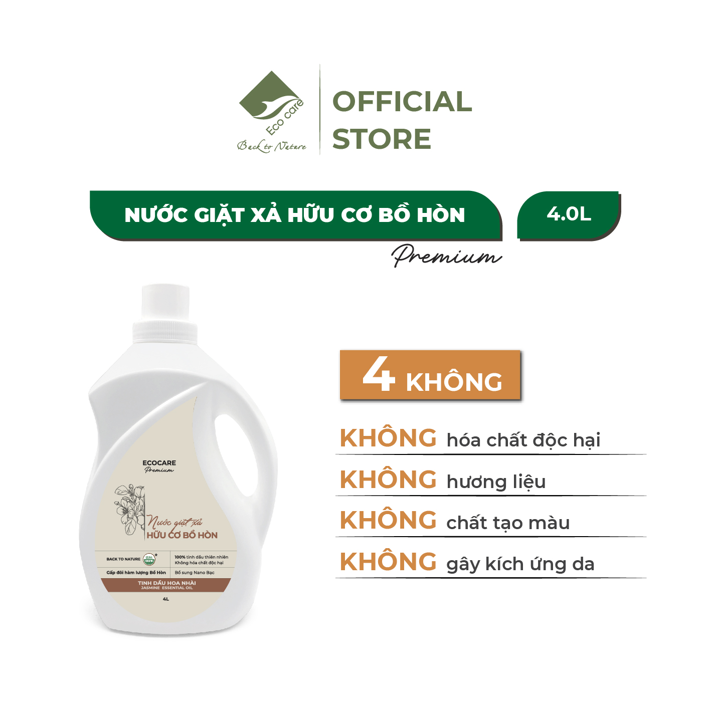 Nước Giặt Xả Hữu Cơ Bồ Hòn ECOCARE Kết Hợp Tinh Dầu Hoa Nhài 4L, Giặt Xả An Toàn Với Mọi Loại Vải