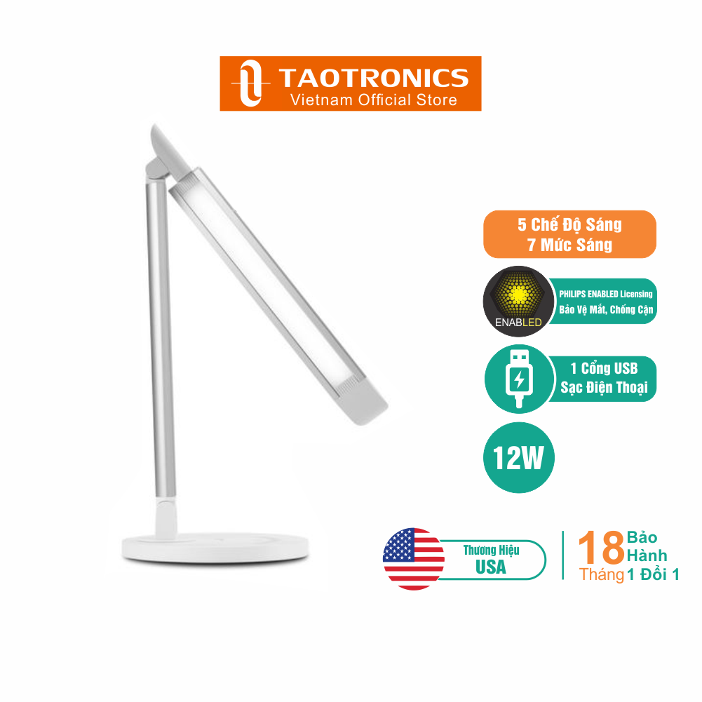 Đèn bàn học và đọc sách led taotronics chống cận và bảo vệ mắt tt-dl13 12w, 5 chế độ sáng, 7 mức sáng, tiết kiệm điện - độc quyền chính hãng