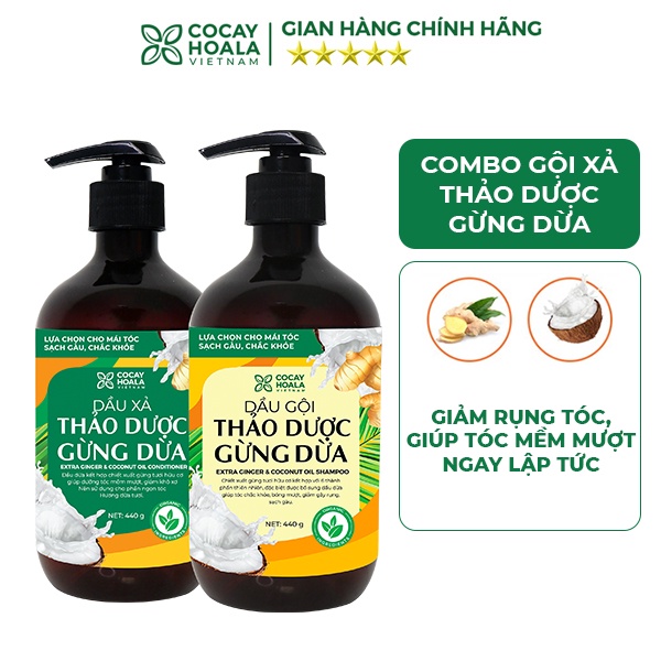 Dầu gội xả thảo dược gừng dừa hữu cơ cocayhoala phục hồi hư tổn mượt tóc giảm gàu giảm rụng tóc