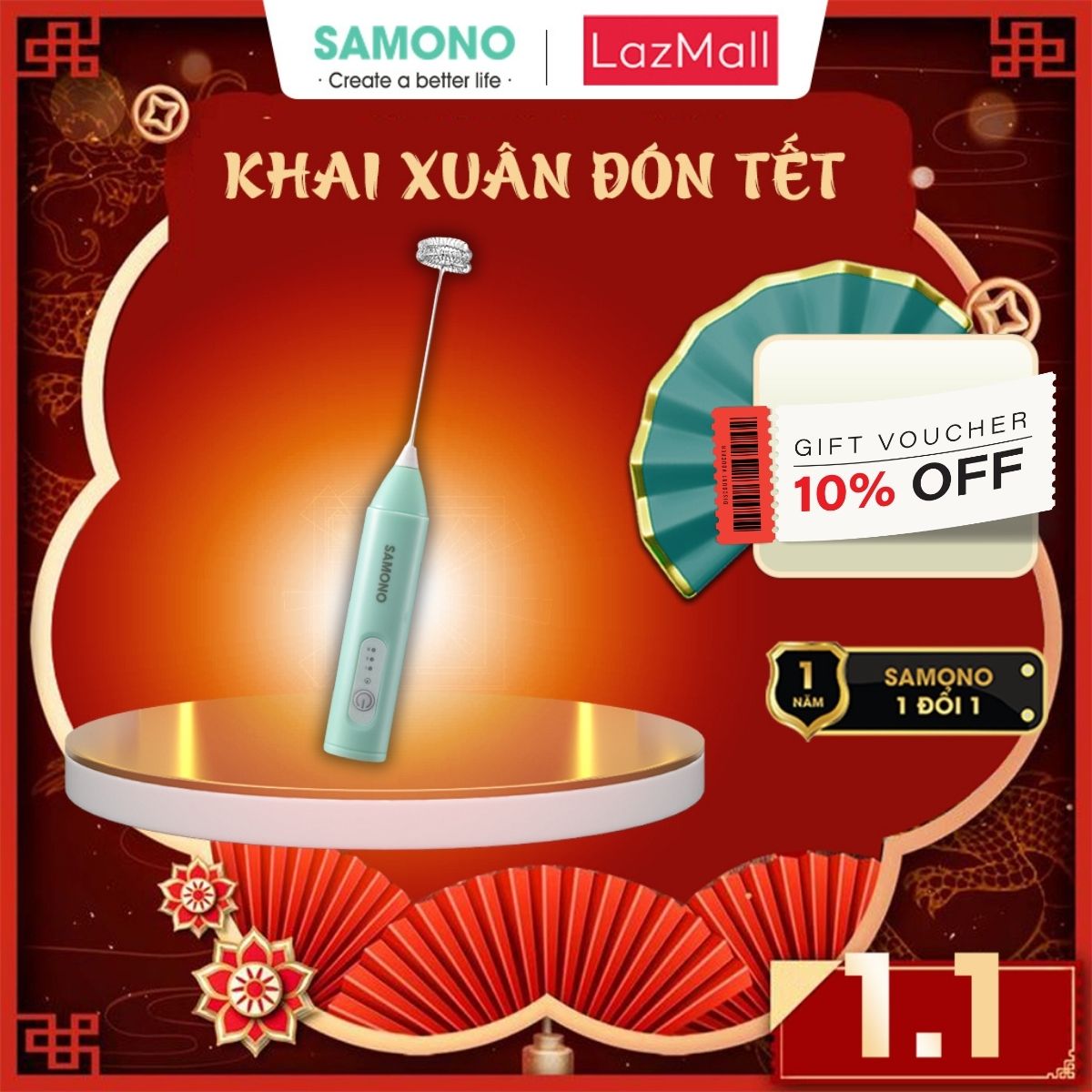 (BH 1 năm) Máy tạo bọt cafe Samono SW-MFB30 xanh mint, 3 tốc độ, 7W cầm tay không dây, hỗ trợ sạc pin tiện lợi sử dụng