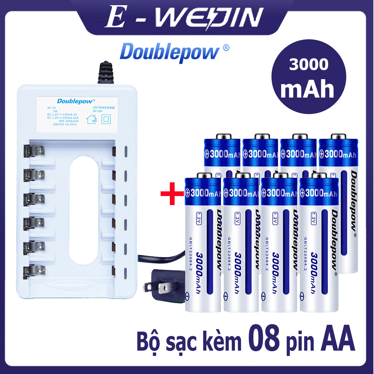 [Combo] Bộ sạc pin tiểu AA/AAA DP-B06  và 08 viên pin AA 3000mAh (Pin 3000 xanh)  Doublepow