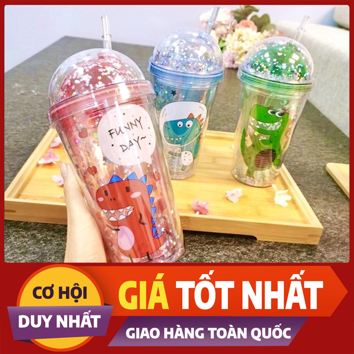Ly Giữ Nhiệt Kim Tuyến Khủng Long Tặng Kèm Ống Hút - Bình Đựng Nước Giữ Nhiệt Kim Tuyến - Ly Đựng Nước Giữ Nhiệt 2 LỚP CÁCH NHIỆT Loại Tốt An Toàn Cho Sức Khoẻ