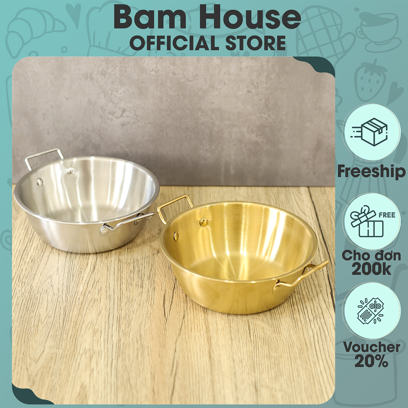 Tô inox 304 Bam House 2 quai vàng bạc sáng bóng cao cấp