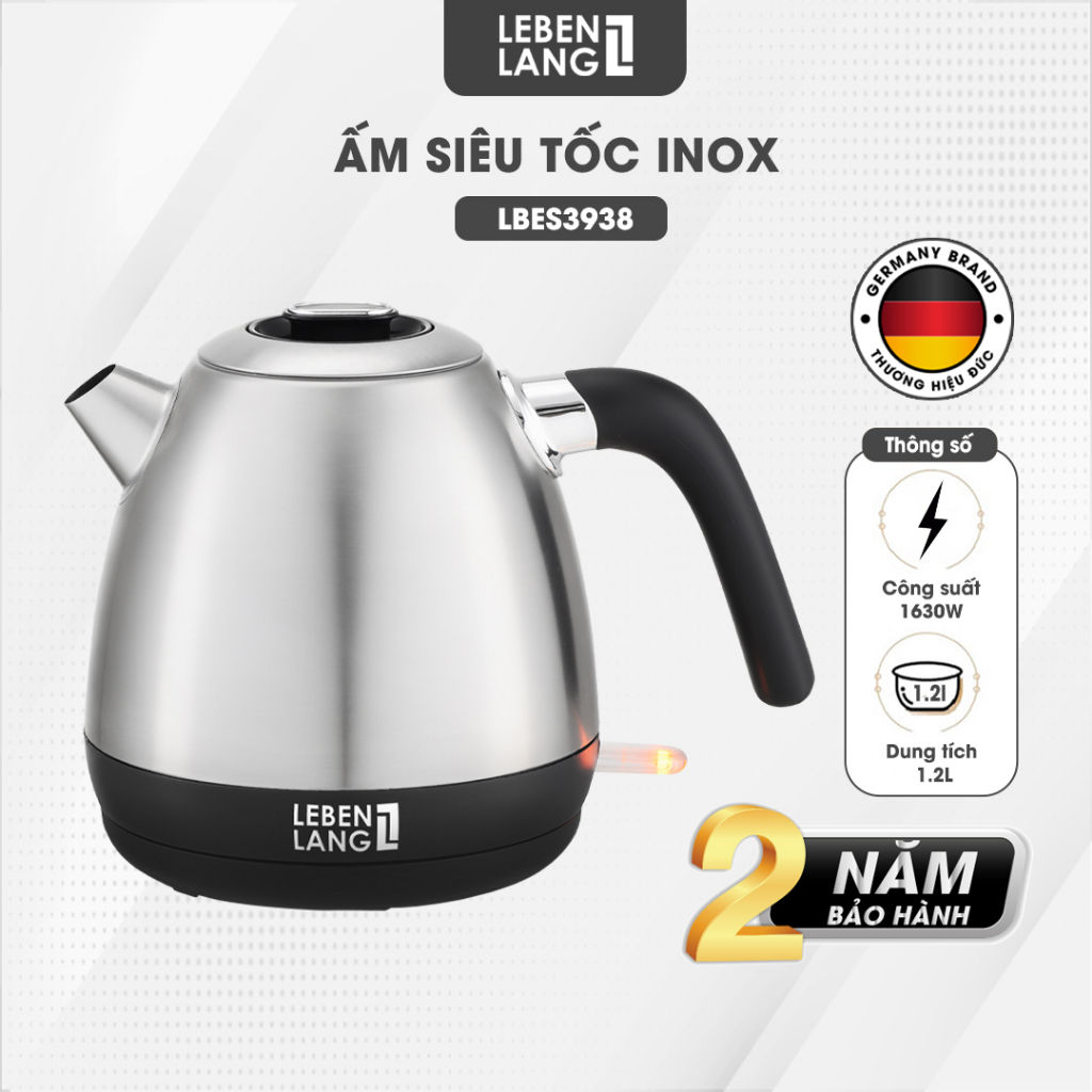 Ấm siêu tốc inox 304 lebenlang 1.2l lbes3938 hàng đức, bảo hành 2 năm