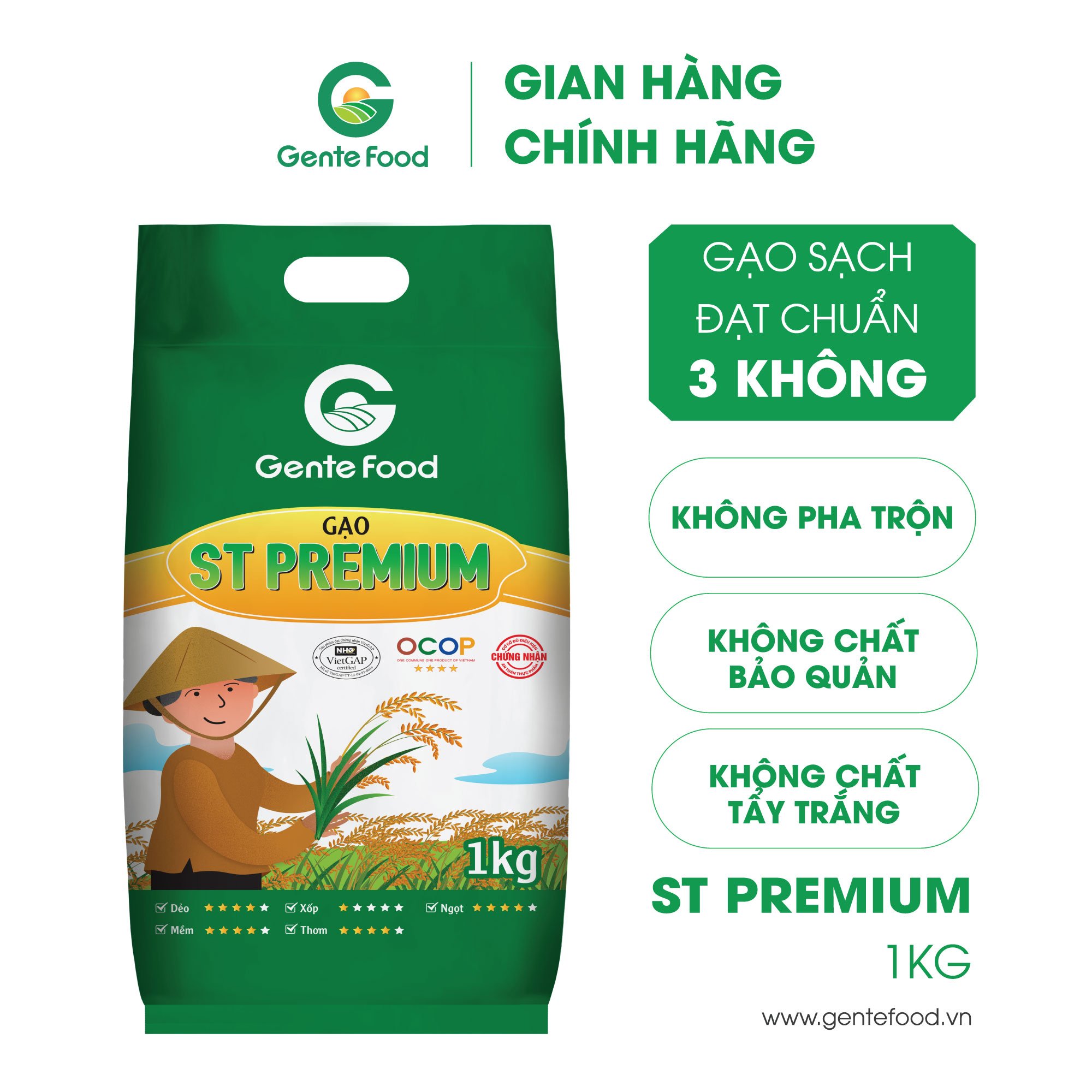 Gạo st premium gente food 1kg- mềm, dẻo, ngon cơm