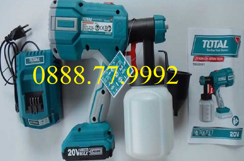 Máy phun sơn dùng pin total tsgli2001,gôm 1 pin 1 sac , súng phun sơn cầm tay pin: 20v áp suất phun:0.1-0.2bar dung tích thùng chứa: 800ml lượng phun :600ml/min sơn bóng, mịn bề mặt, nhỏ gọn