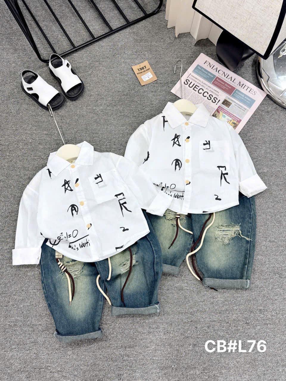 Set Áo Sơ Mi Trắng Kèm Quần Jean Thắt Dây Sành Điệu Cho bé Trai