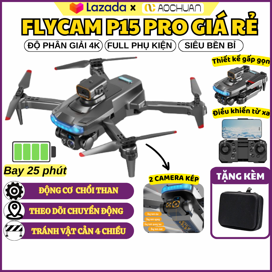 Flycam Mini P15 PRO 4K-Drone Camera 4K- Máy Bay Điều Khiển Từ Xa-Play Camera Trang Bị Camera Kép  4 Cánh Tích Hợp Cảm Biến Chống Va Chạm- Pin Siêu Trâu- Quay Góc Rộng_CHÍNH HÃNG AOCHUAN