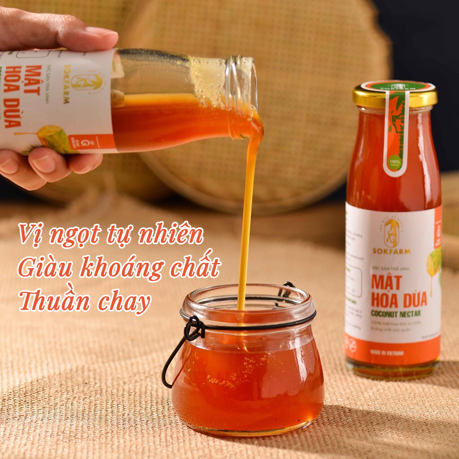 Mật hoa dừa Sokfarm chai 250g - Đặc sản Trà Vinh - Giàu khoáng chất, vitamin & tăng sức đề kháng - Thuần chay, hoàn toàn tự nhiên