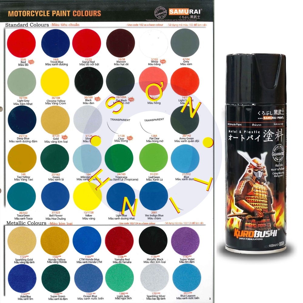 Sơn xịt Samurai Đủ Màu Đen Trắng Đỏ Sơn Chiu Nhiệt Lót Phủ Bóng (Bảng Màu Tự Chọn)