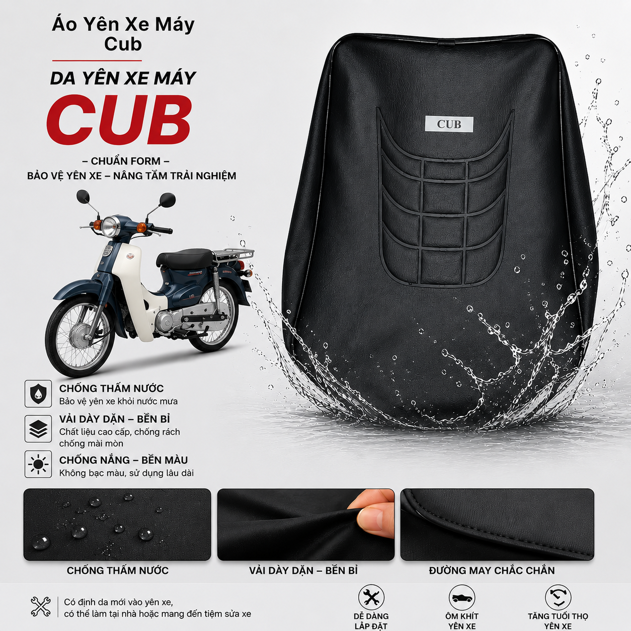 Da bọc yên xe máy CUB Bằng, CUB Yên Sau 90, Cub Yên Sau Citi - Vải Dày - Chống Nắng Mưa - Bền Bỉ - Bảo Vệ Yên Xe