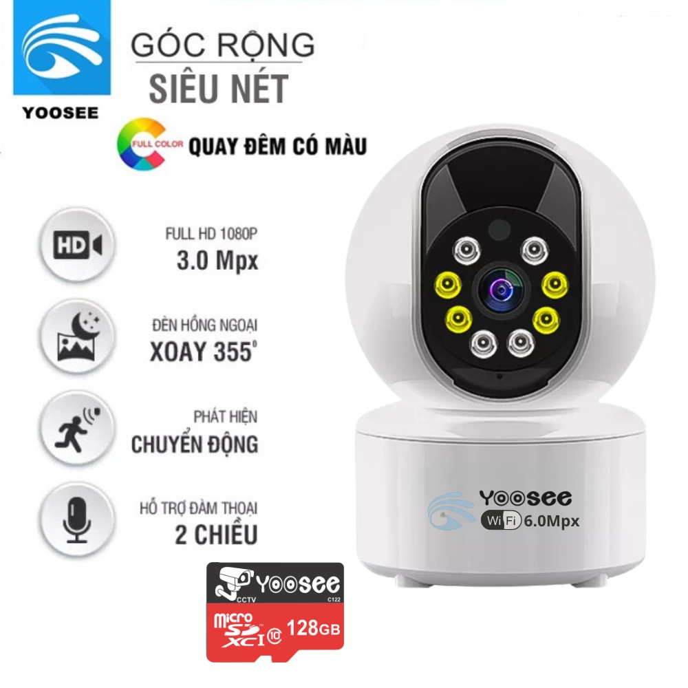 Camera ip wifi yoosee 8 led full hd new - quay đêm có màu - xoay 360 độ - theo dõi chuyển động