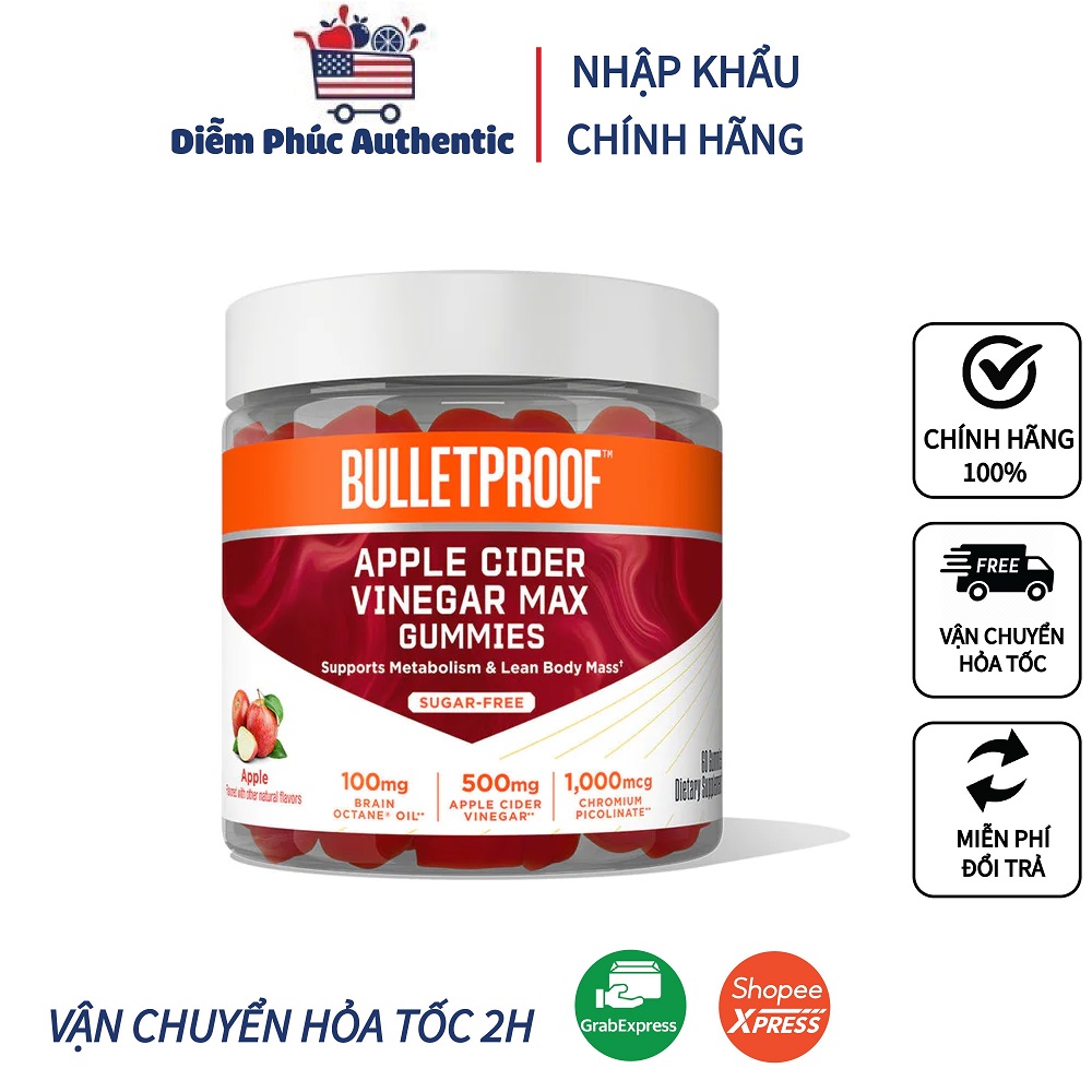Kẹo dấm táo apple cider vinegar 500mg bullet proof - 60 viên