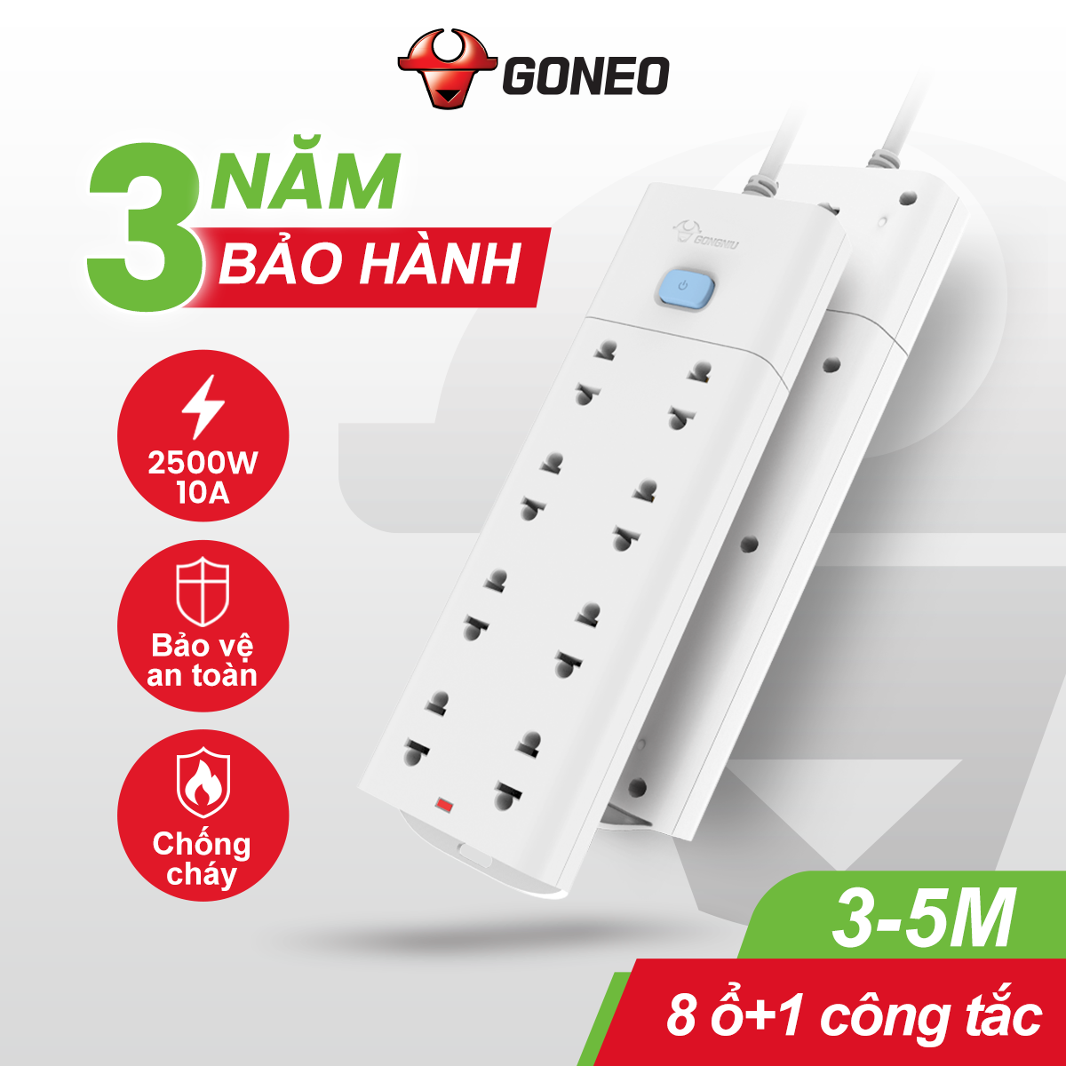 Ổ Cắm Điện Chống Cháy GONGNIU - Đa Năng 8 Ổ 1 Công Tắc - Công Suất 10A/250/2500W - V1080 - Chính Hãng