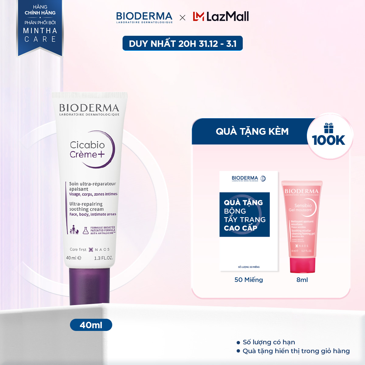  Kem phục hồi da tổn thương và ngăn ngừa sẹo Bioderma Cicabio Crème+ 40ml 
