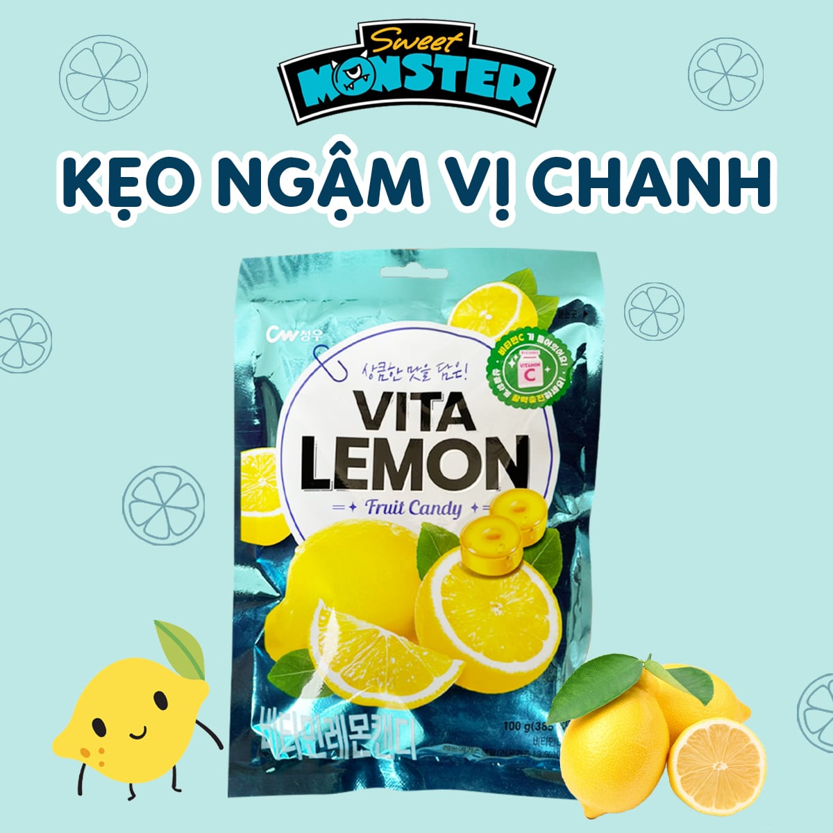 Kẹo cứng vị chanh CW, kẹo ngậm trái cây Hàn Quốc gói 100gr - 07108