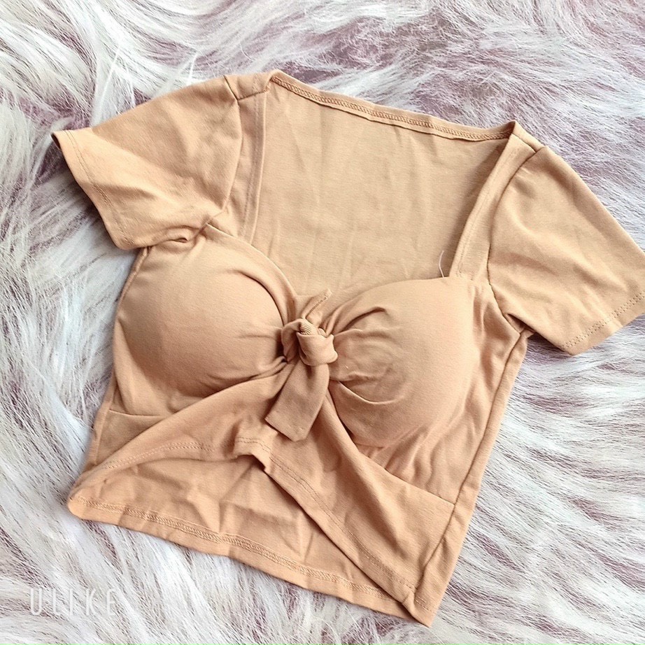 Áo thun nữ cổ vuông tay ngắn cột nơ ngực croptop NA