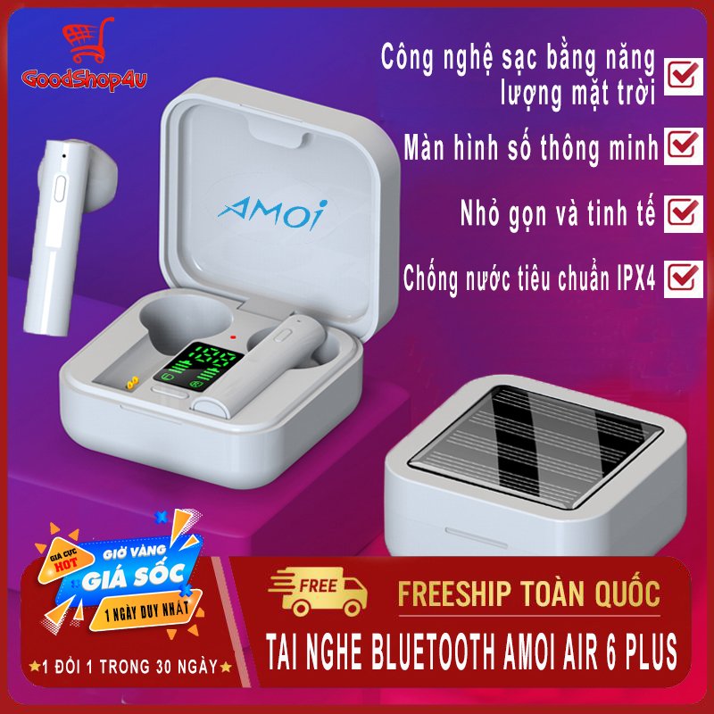 Tai nghe bluetooth không dây AMOI Air 6 Plus cao cấp hỗ trợ sạc bằng năng lượng mặt trời, bluetooth 5.0, chống nước IP4