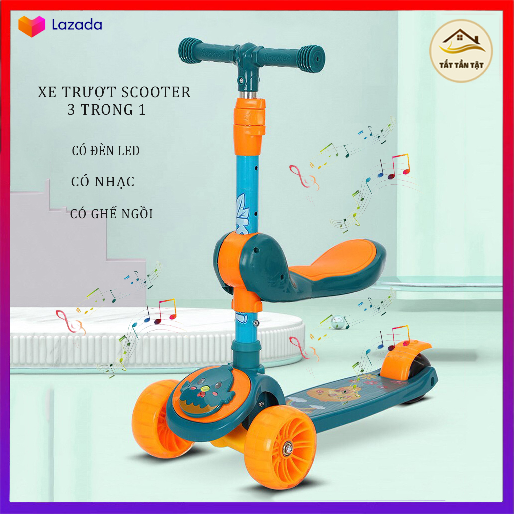 Xe Trượt Scooter, Xe tròi chân Scooter , có ghế ngồi, có nhạc, có đèn led 3 Trong 1, Cho Bé Từ 3 - 8 Tuổi , Đồ Chơi hoạt động ngoài trời cho bé