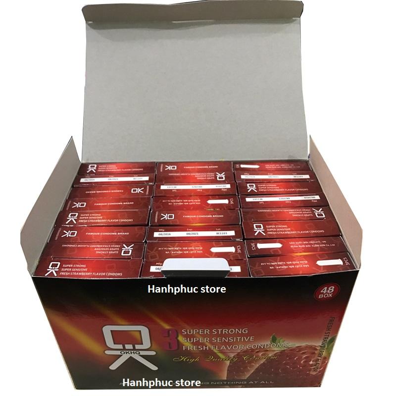 [HCM]Bộ 1 hộp lớn Bao cao su OKHQ hương Dâu - Hương thơm quyến rũ (144c) màu sắc tự nhiên gel bôi trơn mượt mà