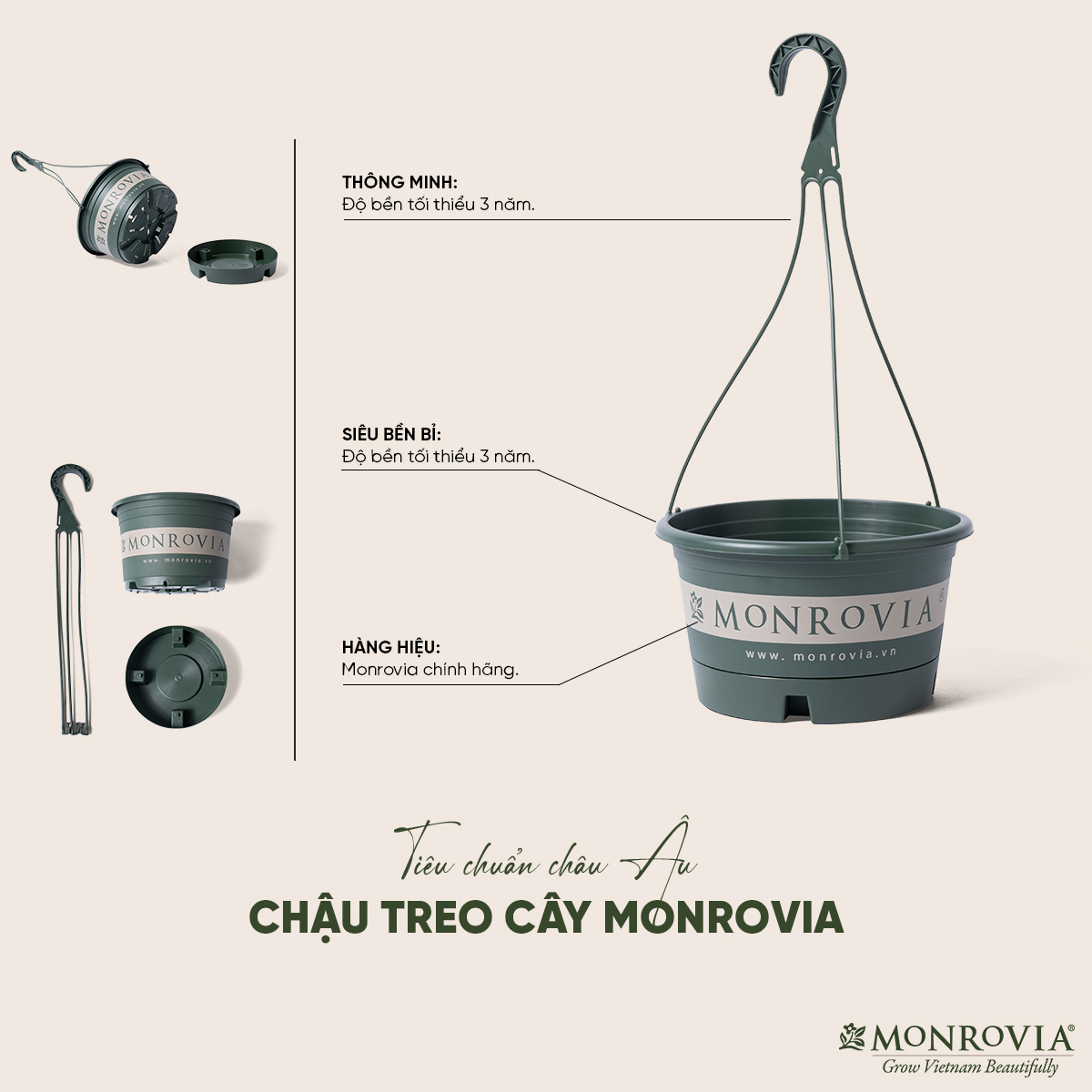 3 Chậu treo hoa MONROVIA, Dòng T-series, chậu nhựa treo, chậu treo tường, chậu nhựa treo trồng cây, phong cách châu âu, thiết kế tinh tế, chính hãng monrovia