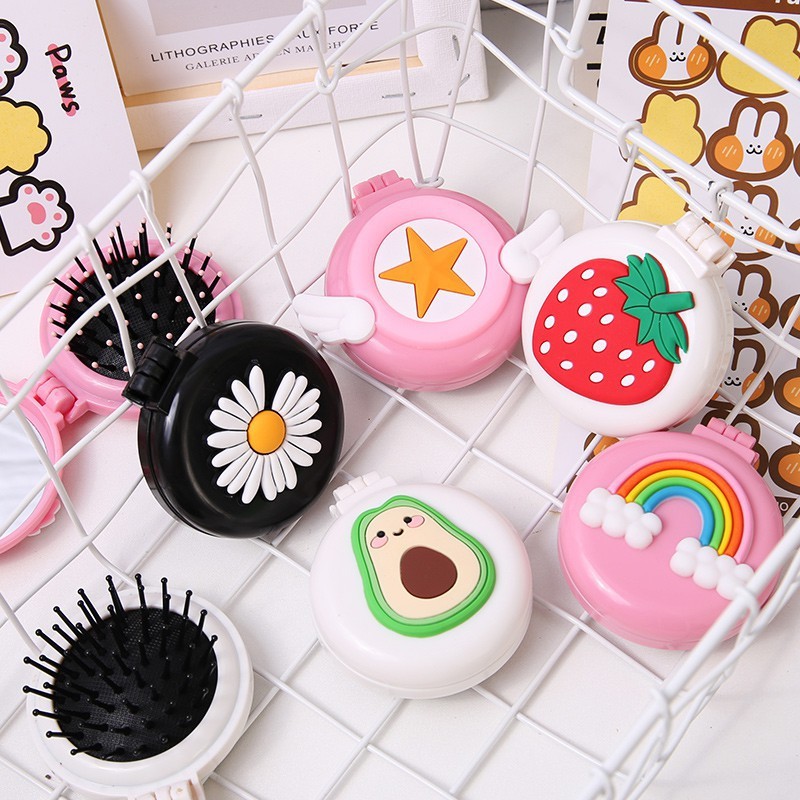 Lược gấp kèm gương nhỏ xinh - gương lược tròn