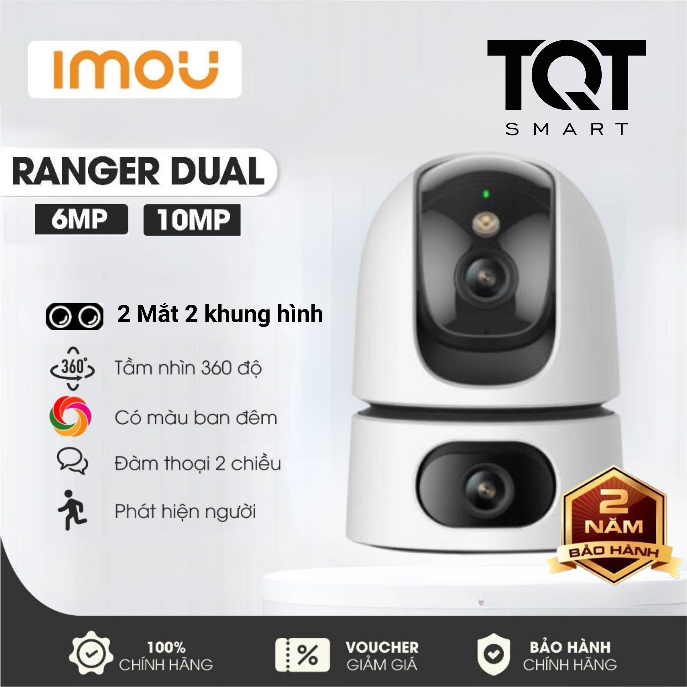 Camera WIFI IMOU 2 Mắt Ranger Dual IPC-S7XP-6M0WED 10MP, IPC-S2XP-6M0WED 6MP - 2 Mắt Kép - Xoay 360 độ, Đàm Thoại 2 Chiều - Có màu ban đêm - Loa báo động - Hàng chính hãng - Bảo Hành 2 Năm - TQT SMART