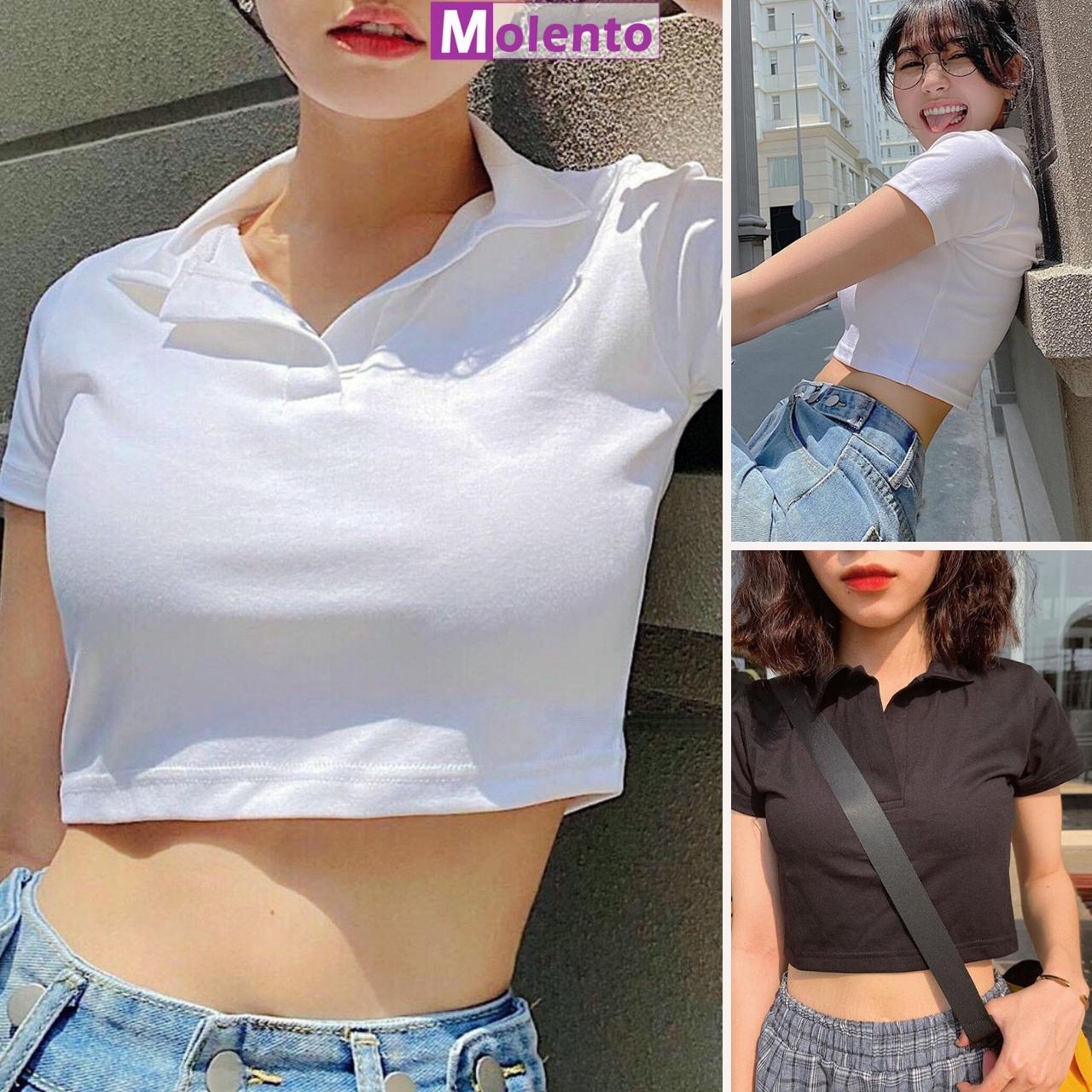 Áo Croptop Nữ Tay Ngắn Có Cổ MOLENTO Áo Croptop Form Rộng Polo Phông Cổ Bẻ Thun Cotton Co Giãn 4 Chiều - M04