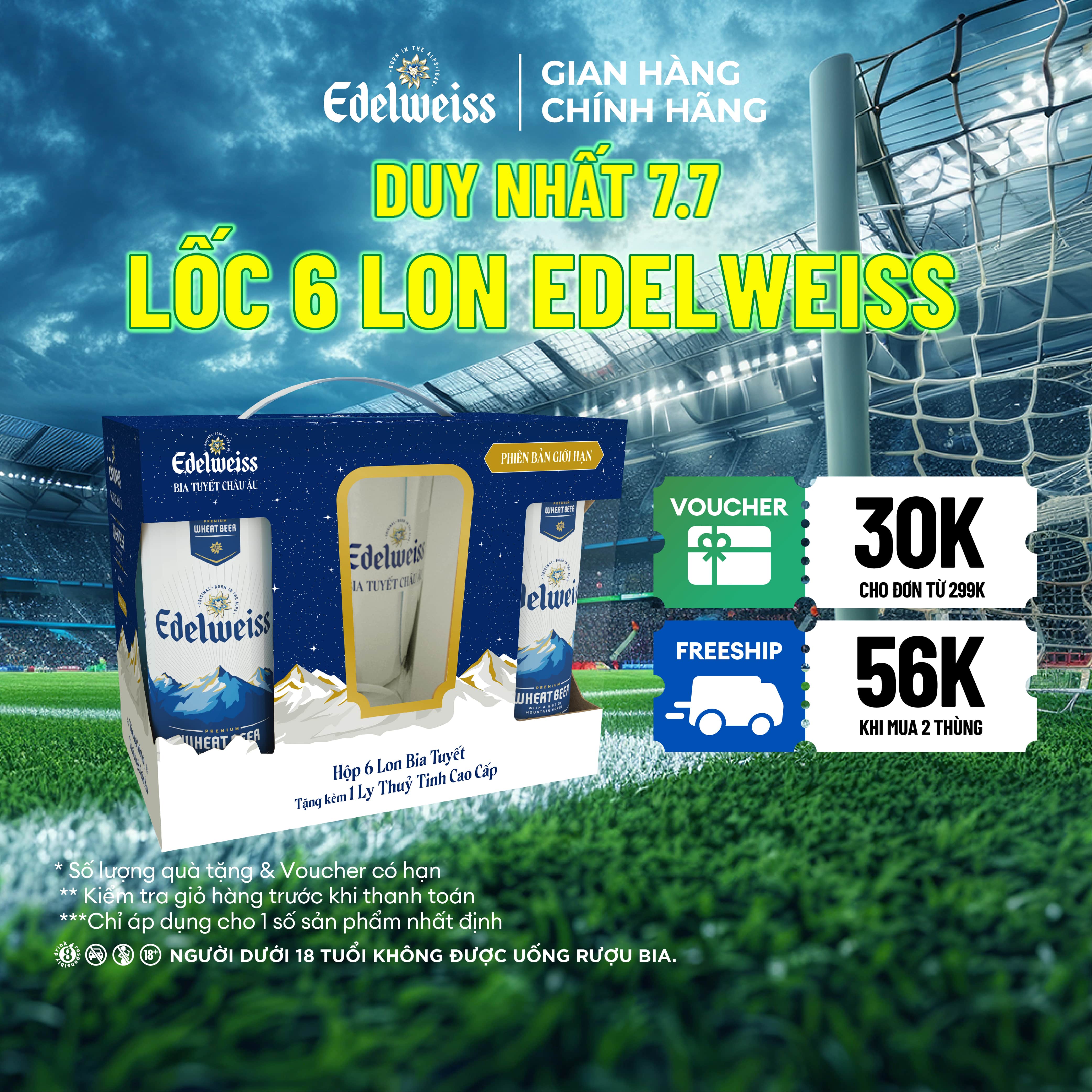 [CHỈ TỪ 20H 6-7.7 VOUCHER 20K+TRỢ SHIP 60K-SLCH] Lốc 6 Lon Bia Tuyết Edelweiss tặng 1 Ly Edelweiss