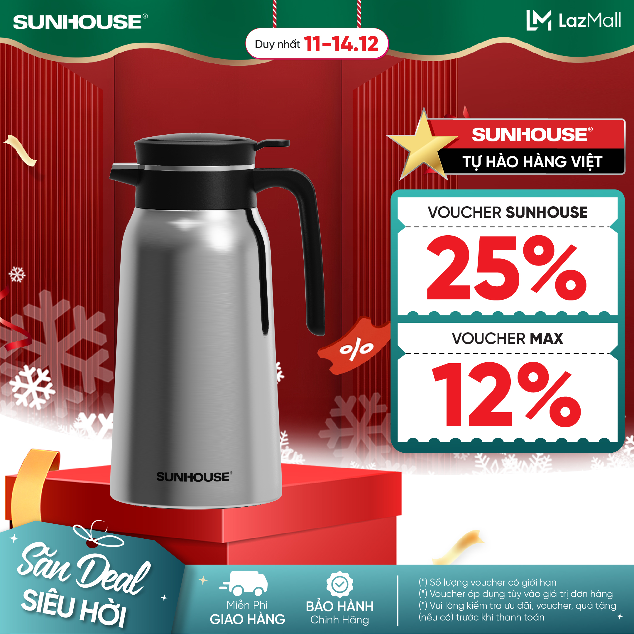 Ấm giữ nhiệt gia đình 2.0L inox 304 Sunhouse KS-TH2000FI - Inox 304 an toàn - Giữ nhiệt 8-10h - Nắp nhấn tiện lợi