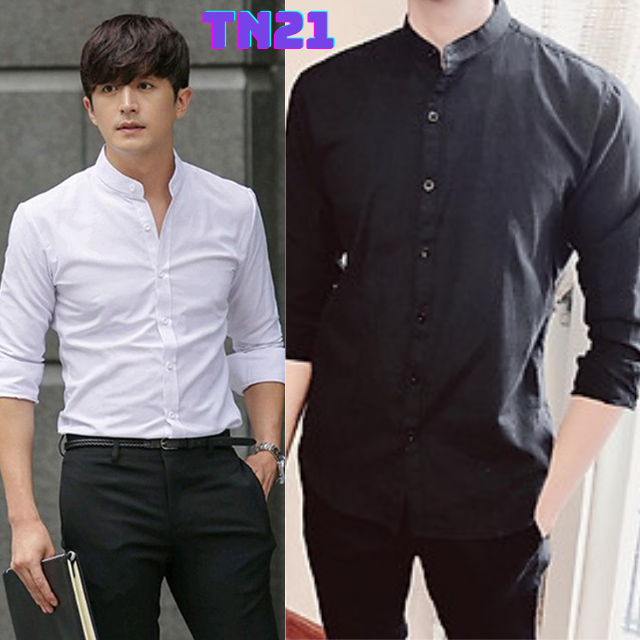Áo sơ mi nam cổ trụ cổ tàu tay dài màu trắng, đen chuẩn form Hàn Quốc vải lụa mềm mịn không nhăn từ 45kg- 85kg