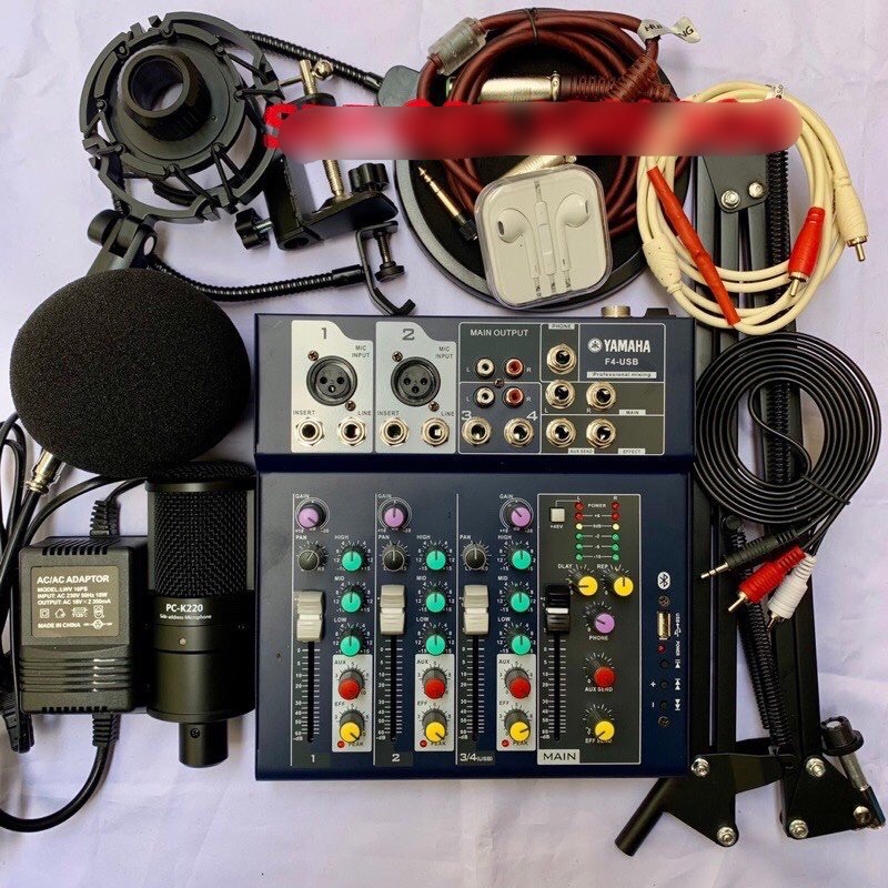 Combo Bộ Mic Karaoke Thu âm MIXER F4 YAMAHA Và Micro K220 takstar kèm chân màng dây livestream chế tai nghe bảohành 1năm