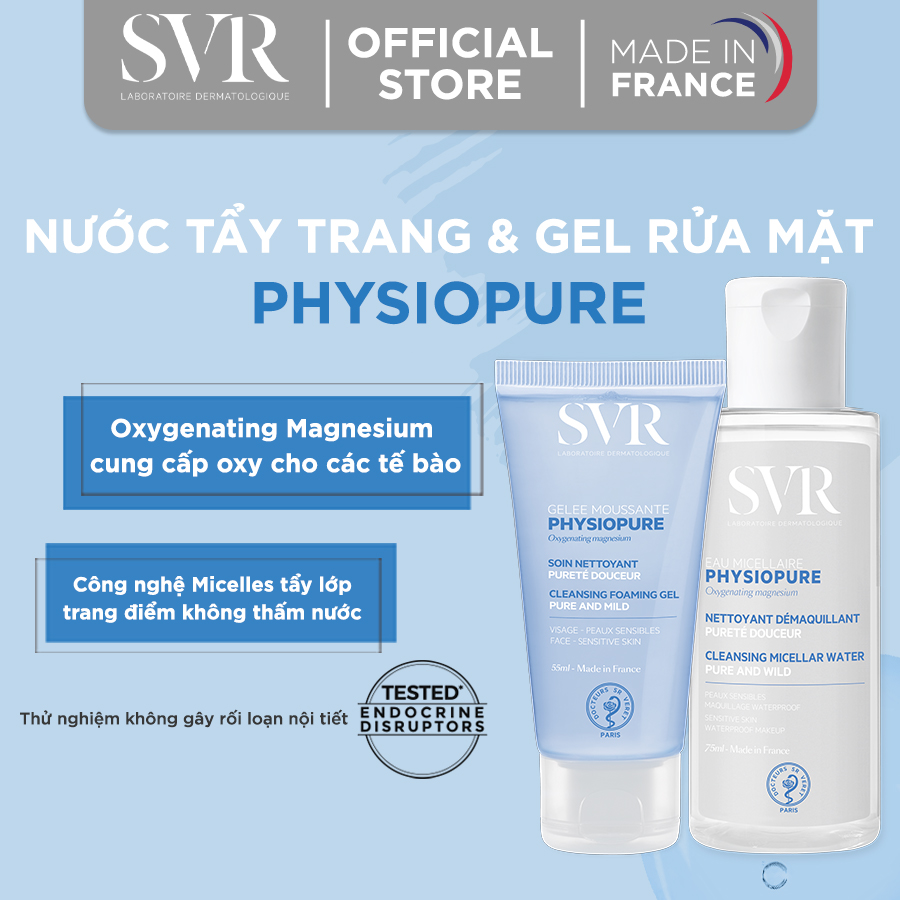 Bộ Đôi Gel Rửa Mặt SVR PHYSIOPURE Gelee Moussante 55ml và Tẩy Trang PHYSIOPURE Eau Micellaire Cho Da Nhạy Cảm 75ml