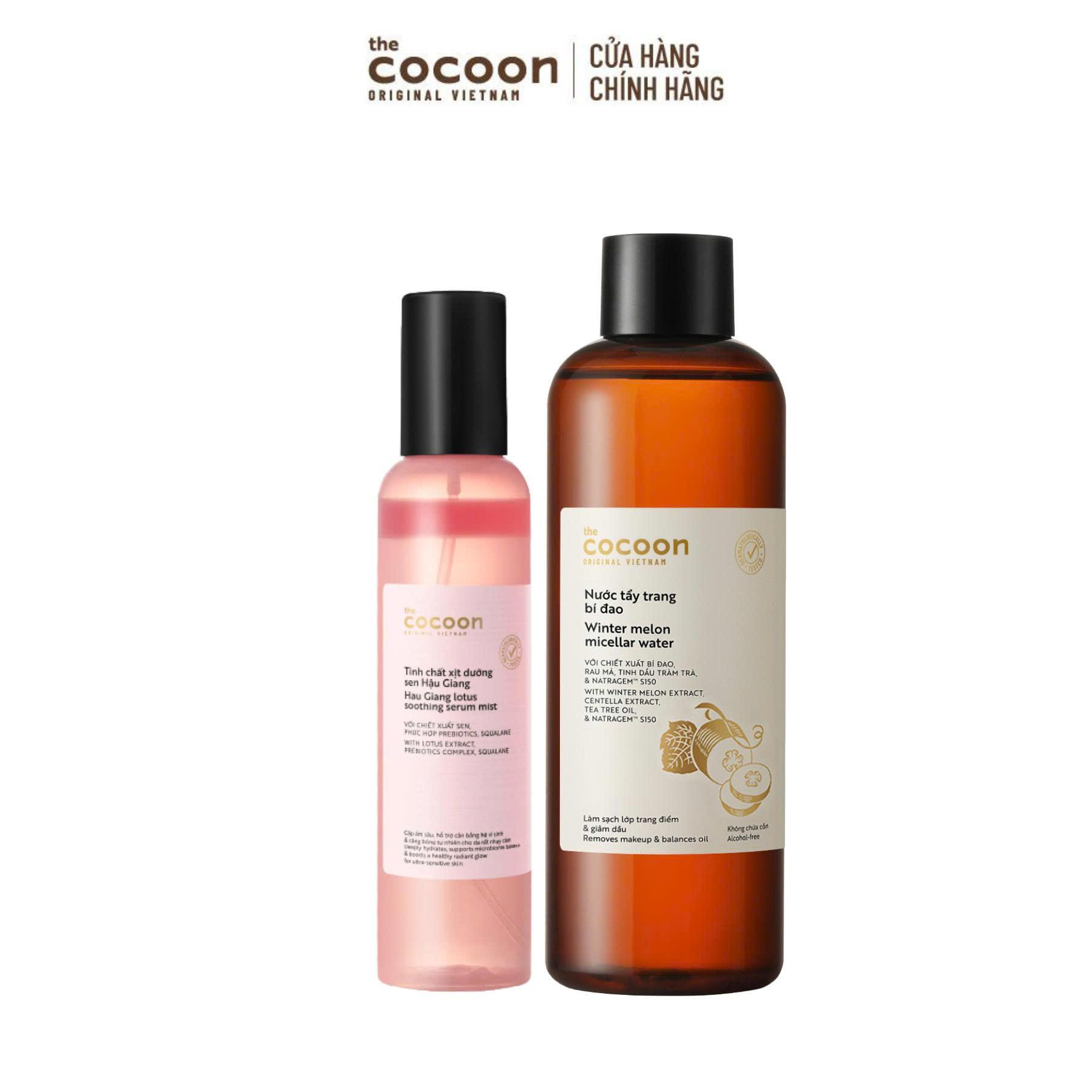 COMBO 1 Tinh chất xịt dưỡng sen Hậu Giang Cocoon 200ml + 1 Bigsize Nước tẩy trang bí đao 500ml