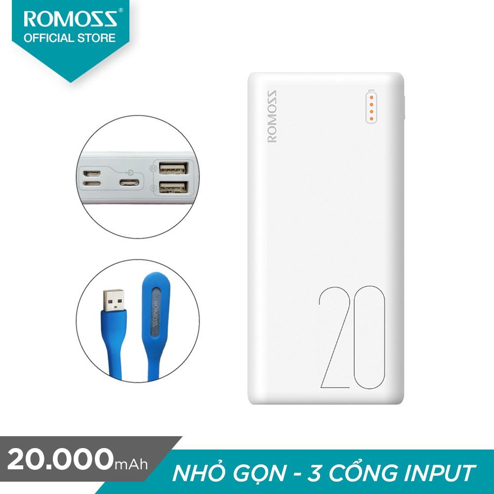 Pin sạc dự phòng Romoss Simple 20 20.000mAh nhỏ gọn màn hình LED tặng đèn LED USB - Hãng phân phối chính thức