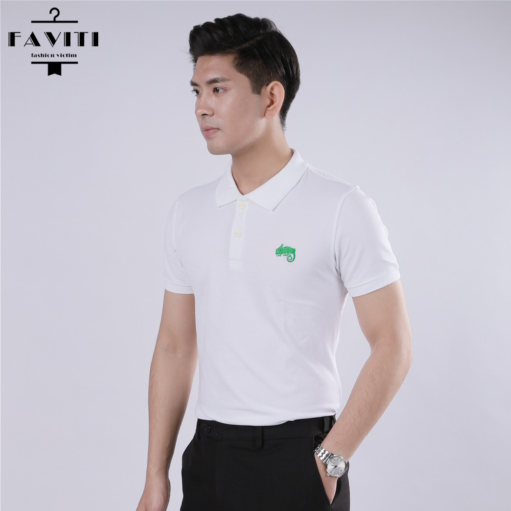 Áo Thun Polo Nam Trắng Cổ Trụ Thiết Kế Hoạ Tiết Thêu Hình Tắc Kè Thời Trang Sang Trọng Cao Cấp FAVITI AT100
