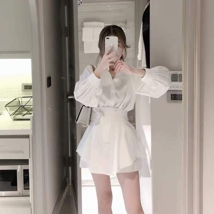 set đồ nữ sang chảnh bộ đồ nữ áo sơ mi dài dây eo kèm quần  2 màu