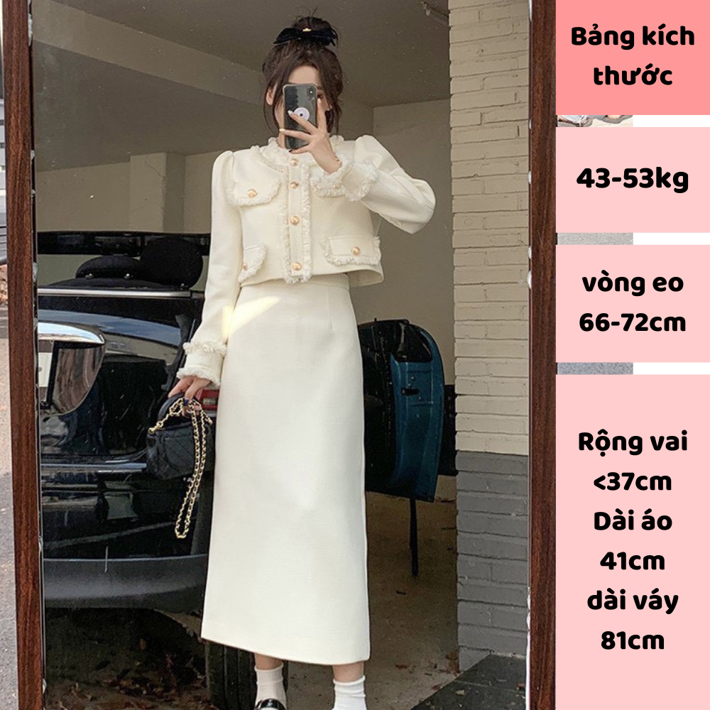Set dạ tua rua váy dáng dài thiết kế tiểu thư