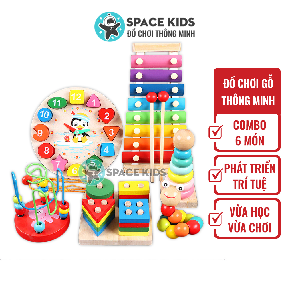 Combo 6 món Đồ chơi gỗ thông minh phát triển tư duy cho bé, bộ đồ chơi gỗ montessori 6 món cơ bản Space Kids