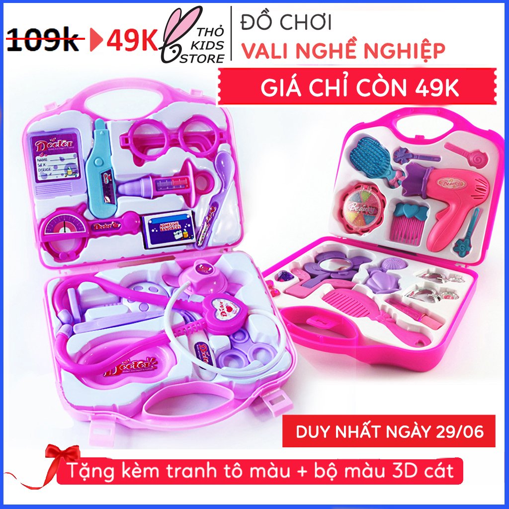 Đồ chơi trẻ em, Vali đồ chơi bác sĩ, vali đồ chơi trang điểm cho bé, chất liệu nhựa ABS an toàn với trẻ-Tặng kèm Tranh Cát 3d kèm bộ màu cát cho bé tập tô sáng tạo