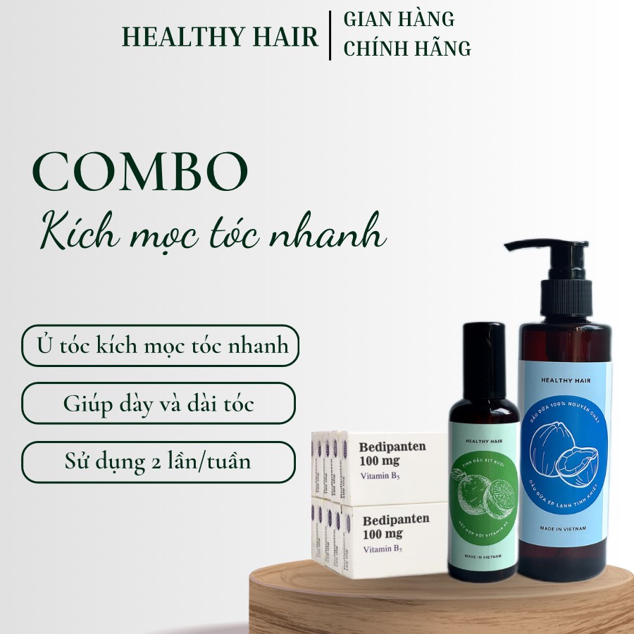Combo kích mọc tóc, Xịt bưởi, Dầu dừa, Vitamin B5 Healthy Hair