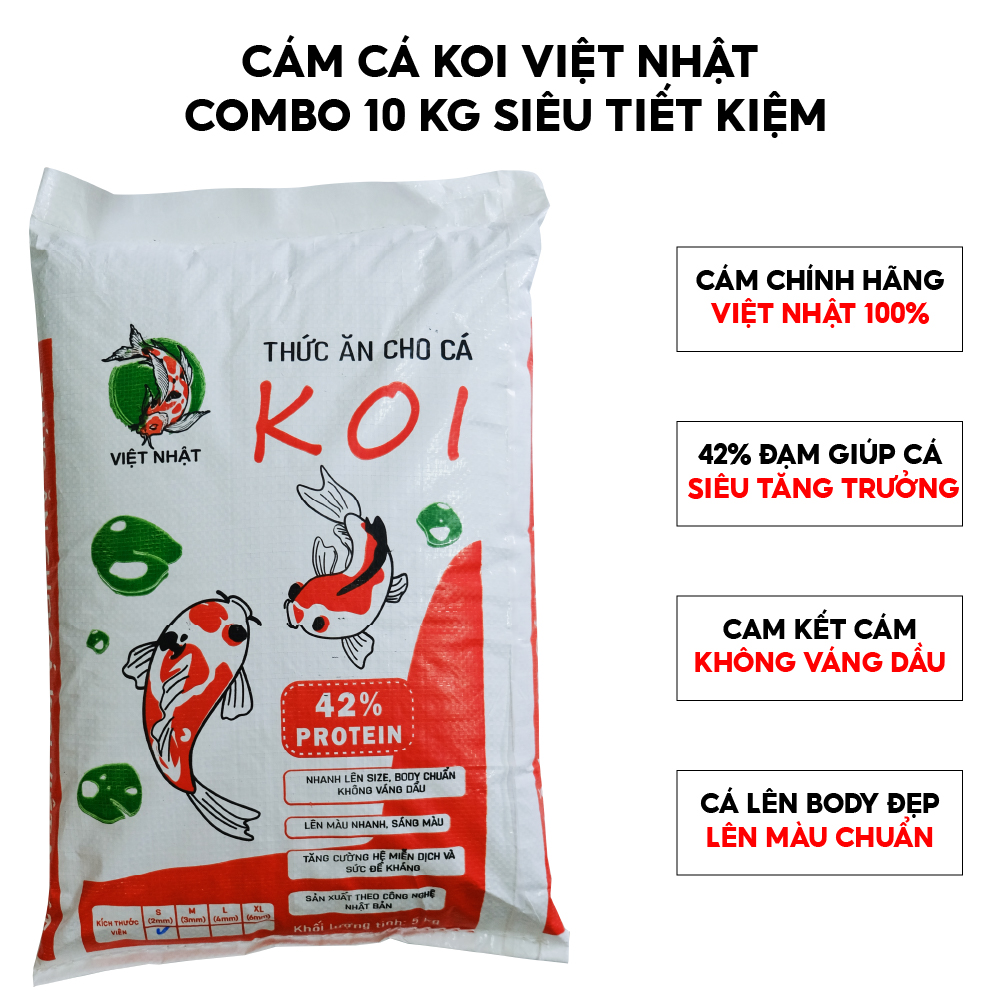Combo 2 túi cám cá Koi Việt Nhật 5kg độ đạm cao 42%, cá siêu tặng trưởng, không váng dầu, lên màu đẹp,body chuẩn