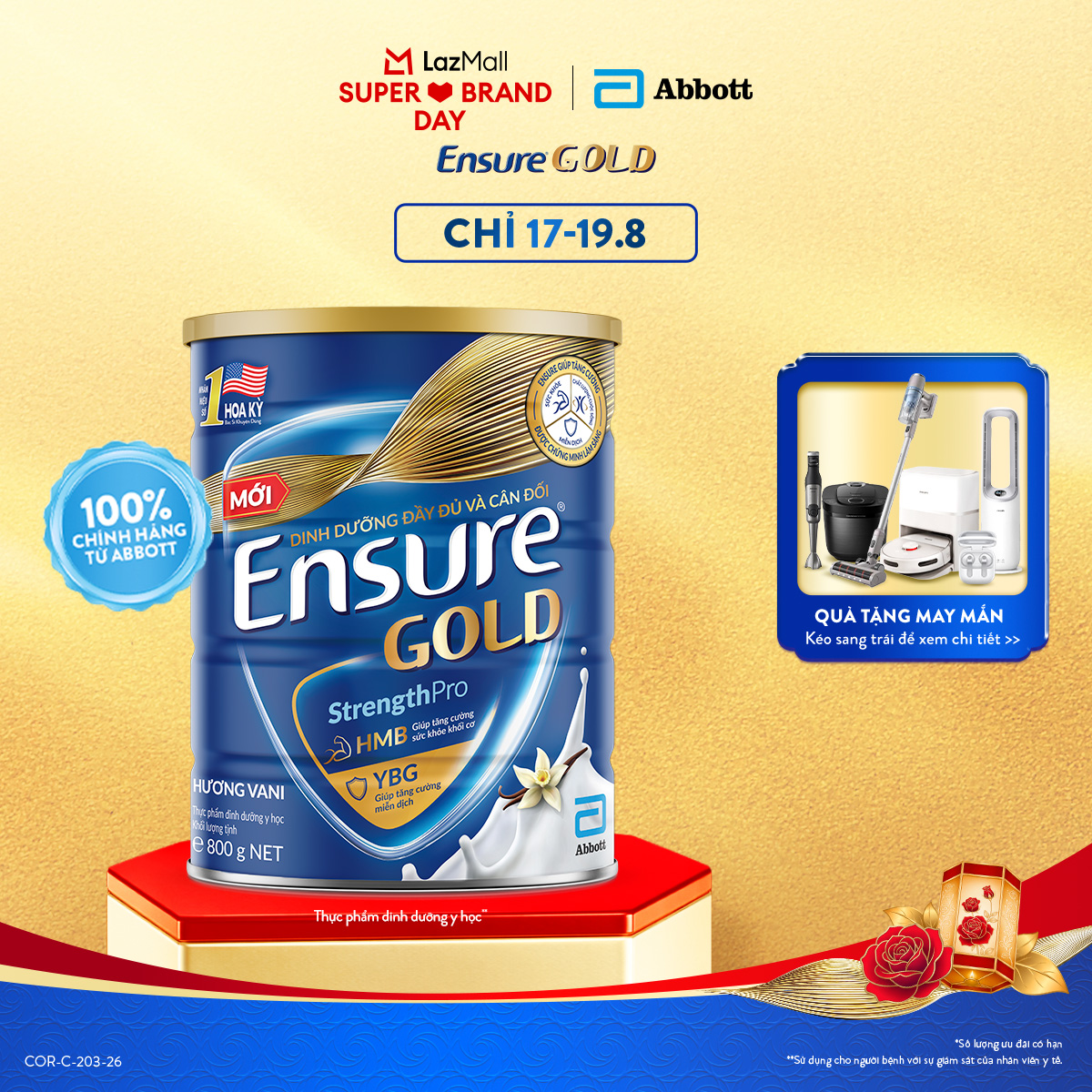 [CHỈ 11-17.8 GIÁ TỐT MUA NGAY-SLCH] Lon sữa bột Ensure Gold hương Vani 800g