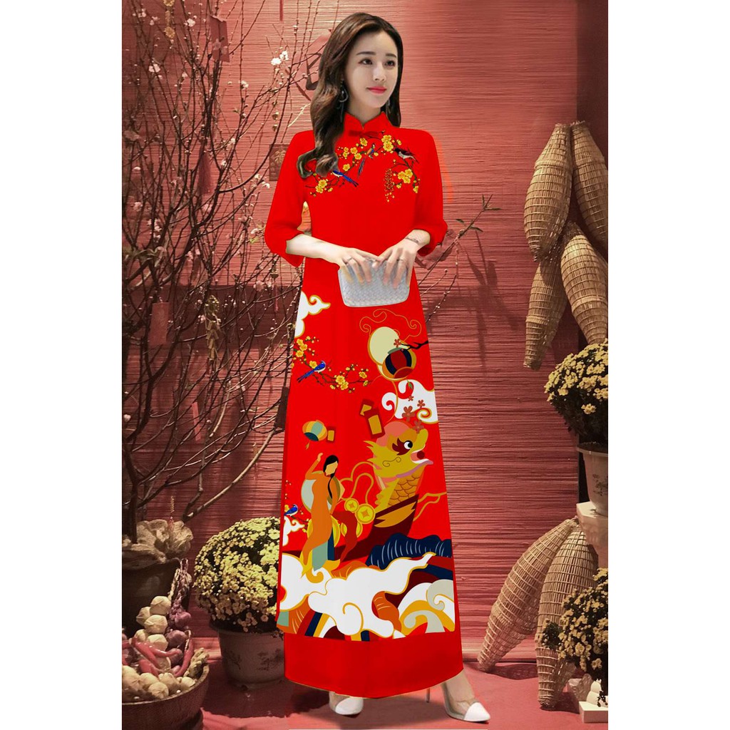 [HCM]Áo dài truyền thống lụa in 3D ( áo kèm quần) sản phẩm tốt chất lượng cao cam kết hàng nhận được như hình và mô tả